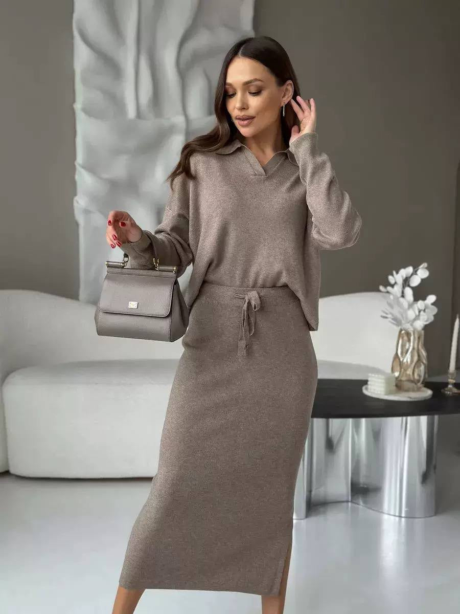 Collared Long Sleeve Sweater and Tie-Waist Midi Skirt Set – Taupe