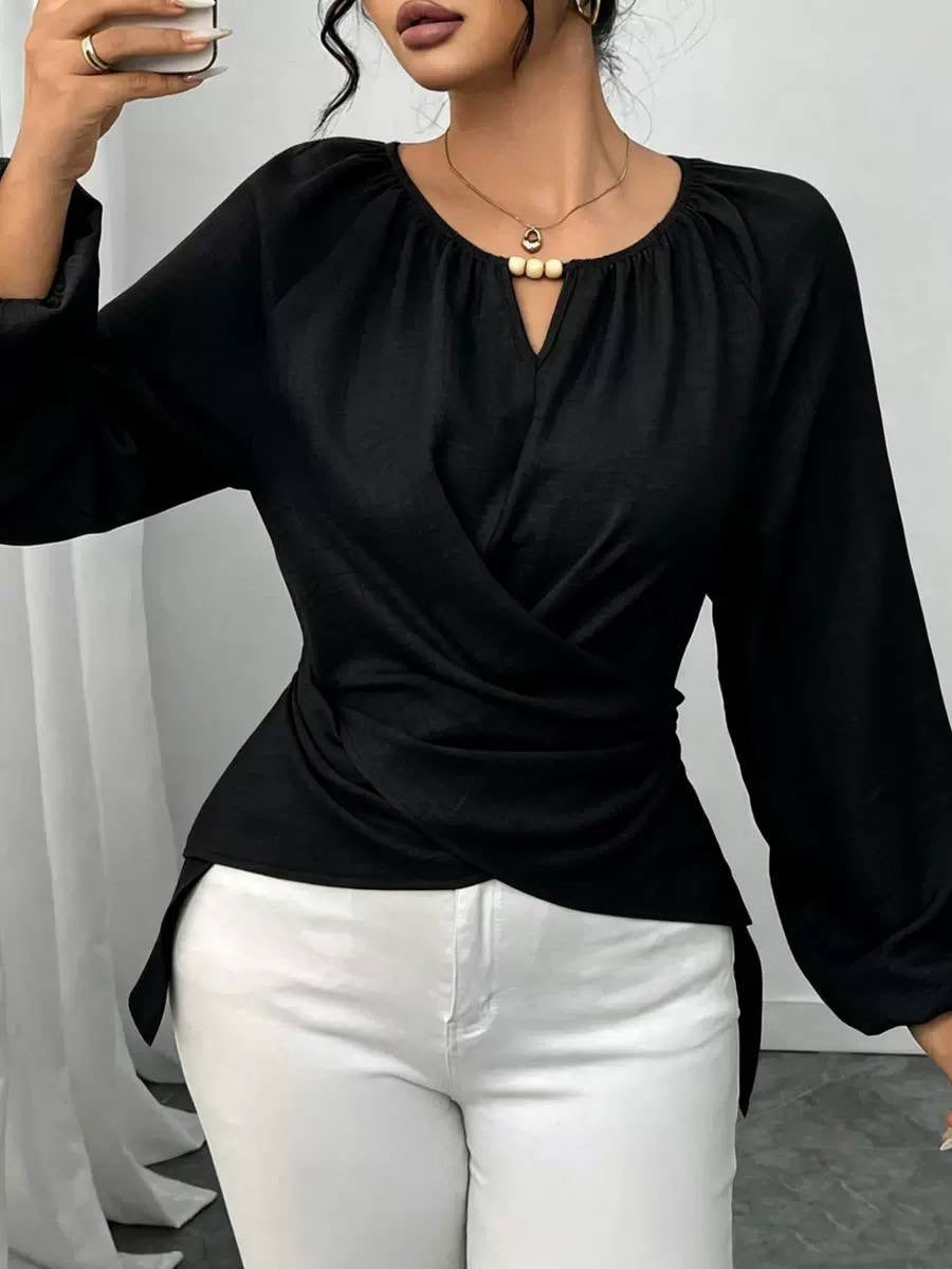 Long Sleeve Blouse With Beaded Keyhole and Draping – Black
