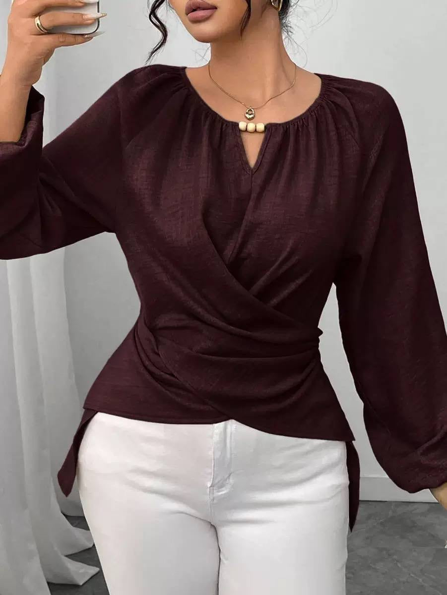 Long Sleeve Blouse With Beaded Keyhole and Draping – Burgundy