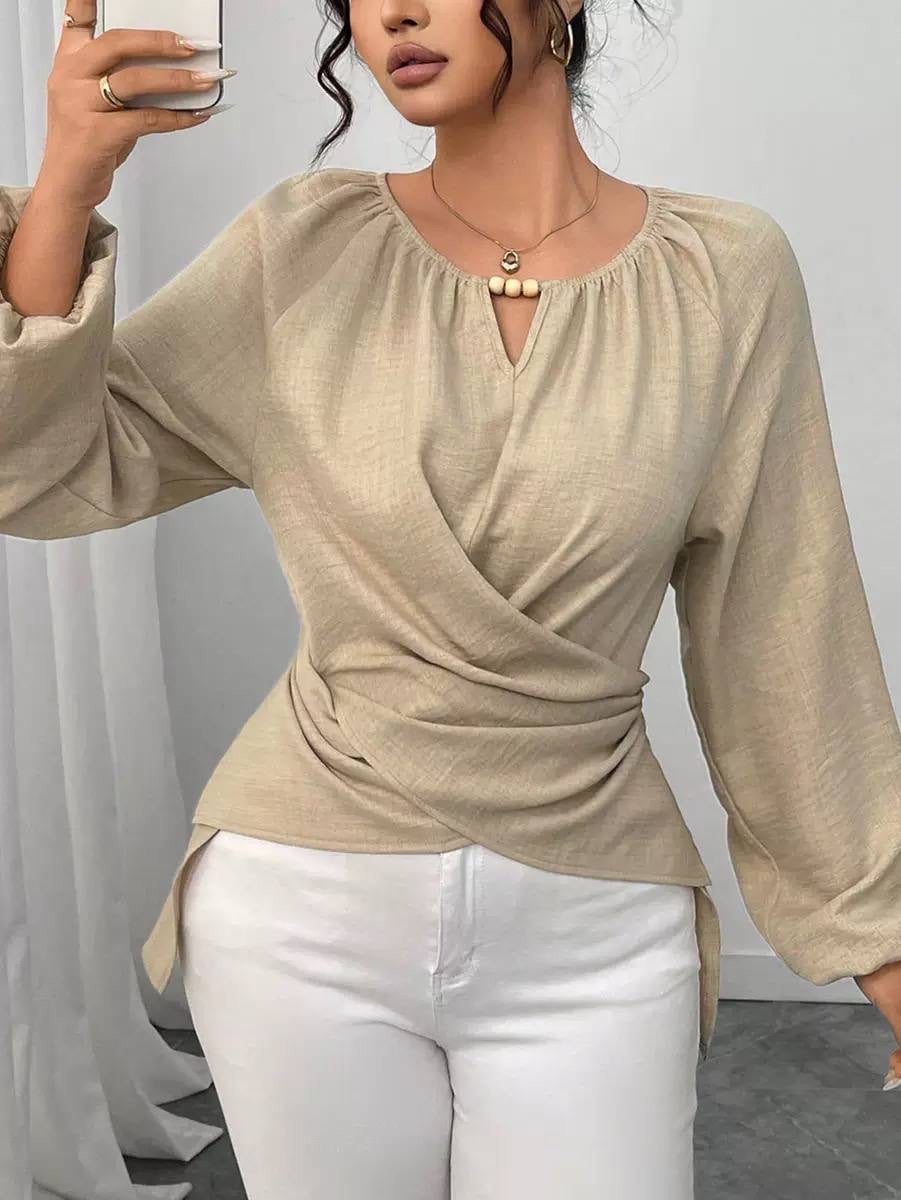 Long Sleeve Blouse With Beaded Keyhole and Draping – Beige