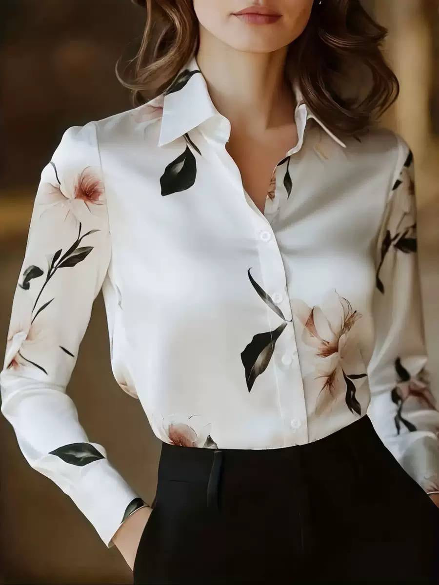 Long Sleeve Button-Front Blouse With Pointed Collar – White Floral