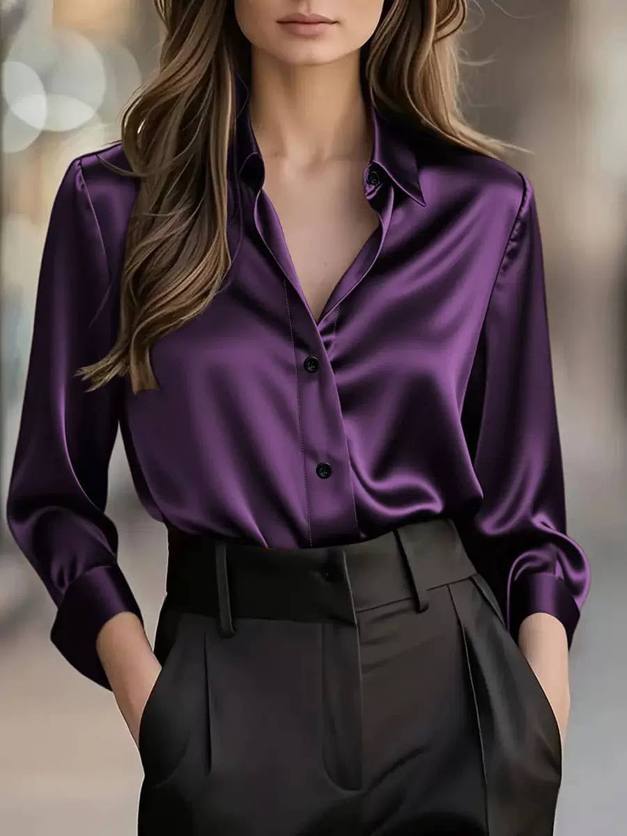Long Sleeve Button-Front Blouse With Pointed Collar – Purple