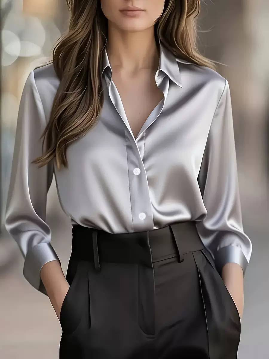 Long Sleeve Button-Front Blouse With Pointed Collar – Silver