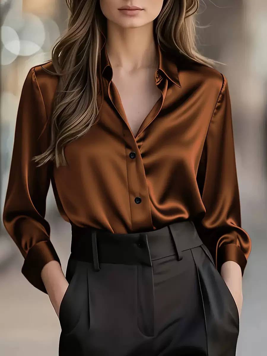 Long Sleeve Button-Front Blouse With Pointed Collar – Brown