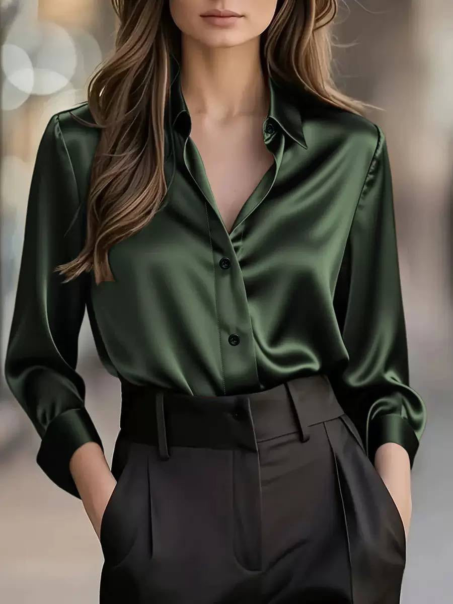 Long Sleeve Button-Front Blouse With Pointed Collar – Dark Green