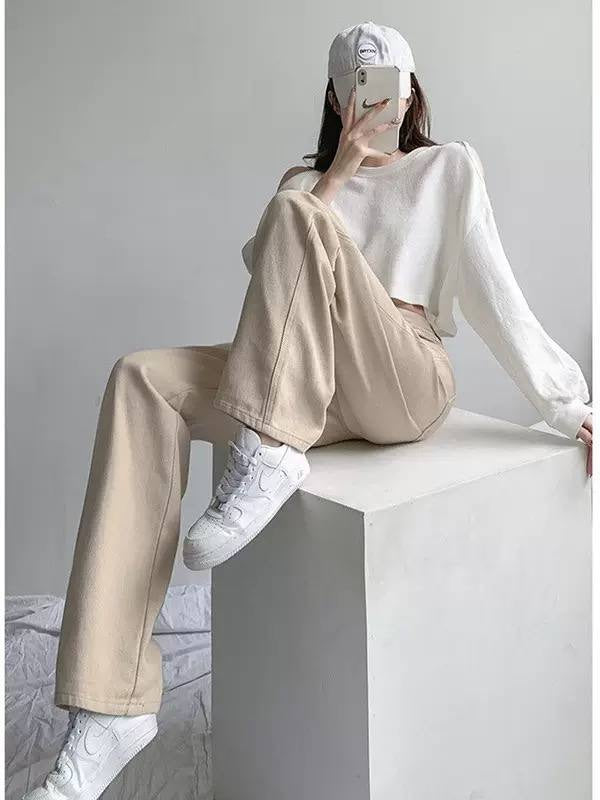High-Waisted Wide-Leg Pants With Back Patch Pockets – Beige