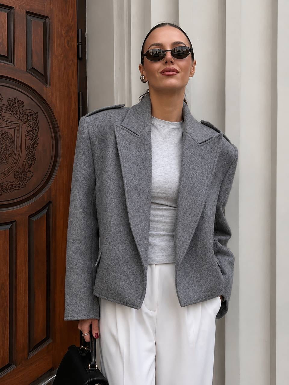 Structured Lapel Jacket With Shoulder Tabs and Flap Pockets – Grey