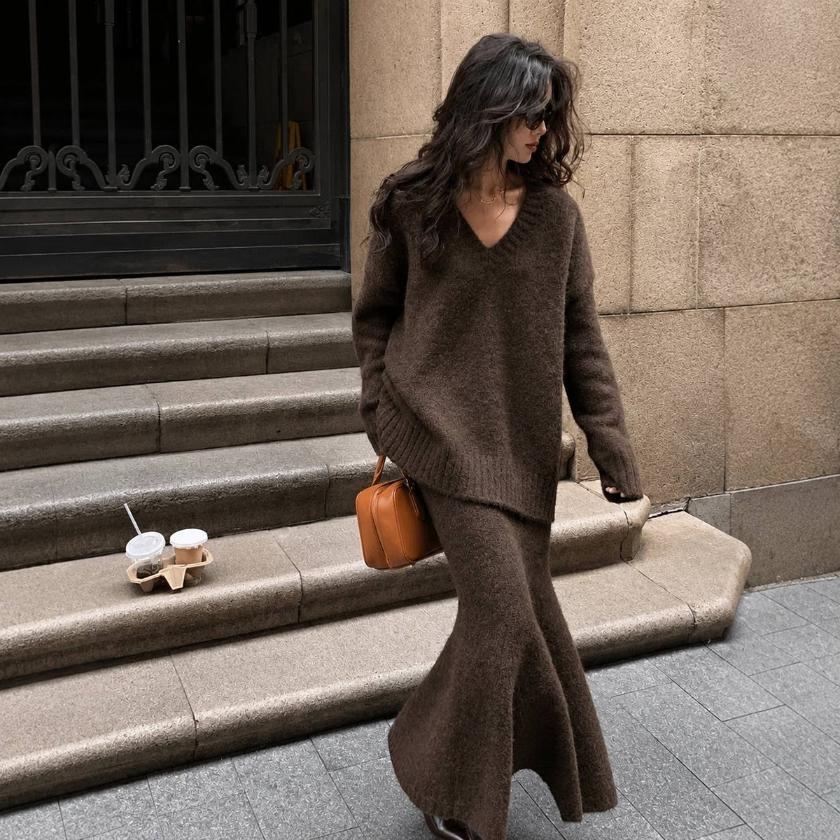 V-Neck Sweater and Flared Maxi Skirt Set – Brown