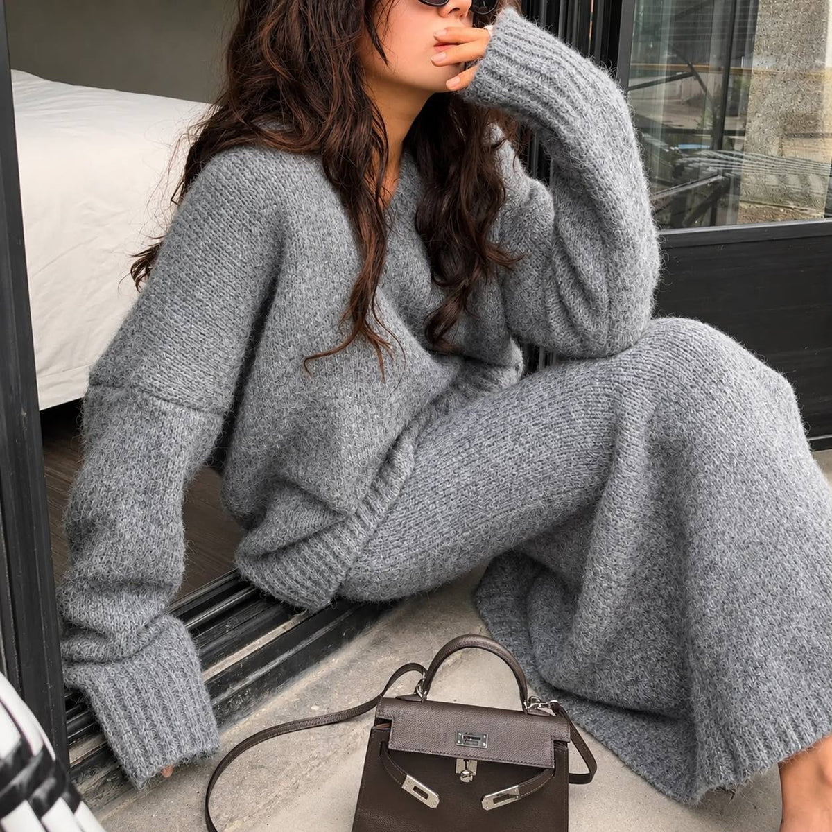 V-Neck Sweater and Flared Maxi Skirt Set – Grey
