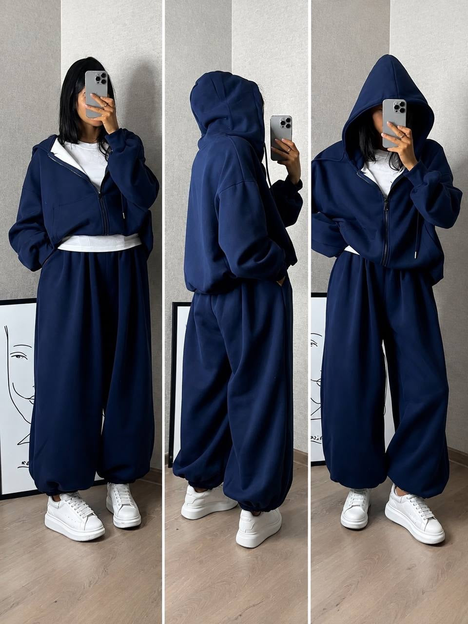 Oversized Zip-Up Hoodie And Balloon Pants Two-Piece Set – Navy