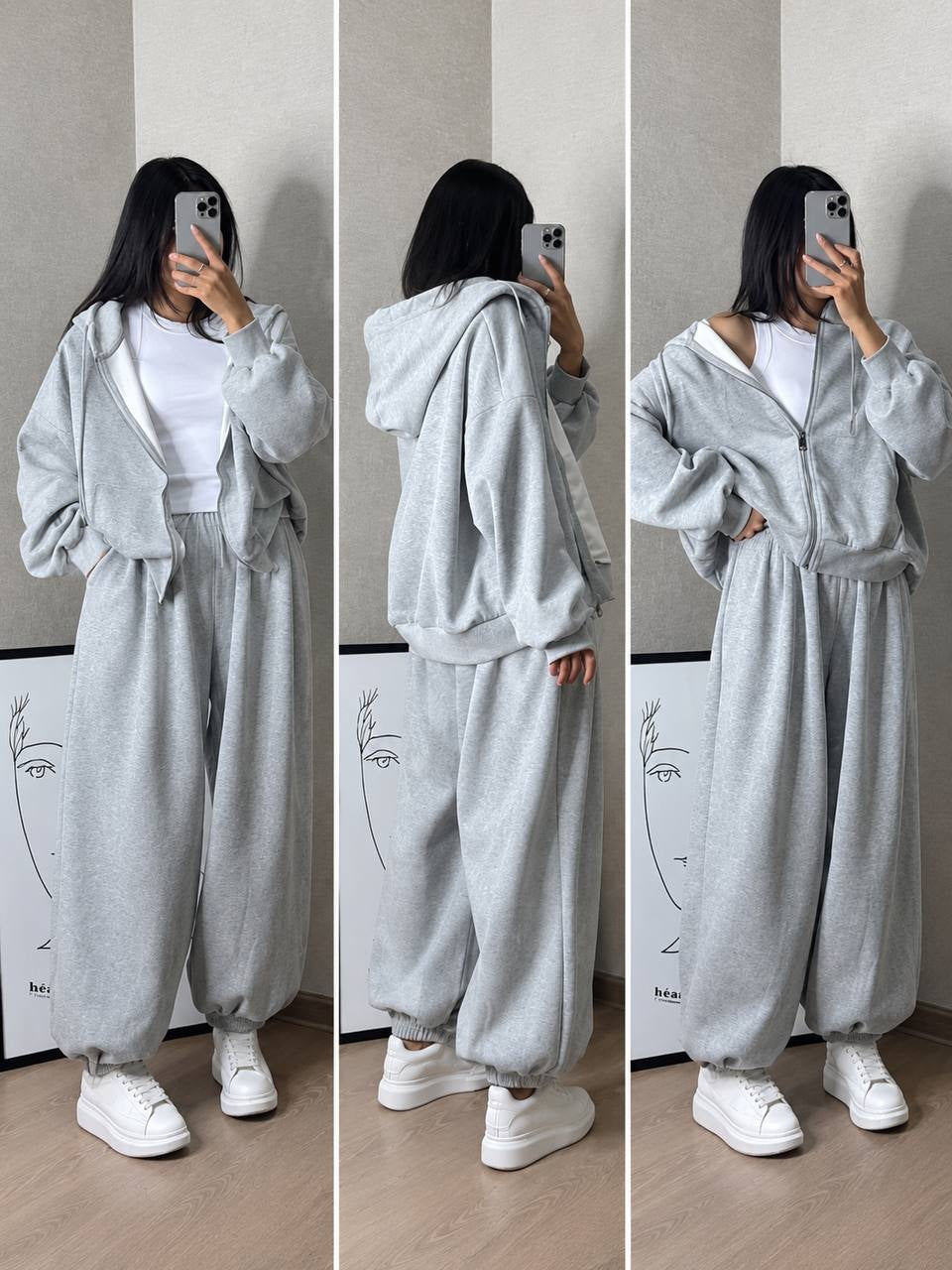 Oversized Zip-Up Hoodie And Balloon Pants Two-Piece Set – Light Grey