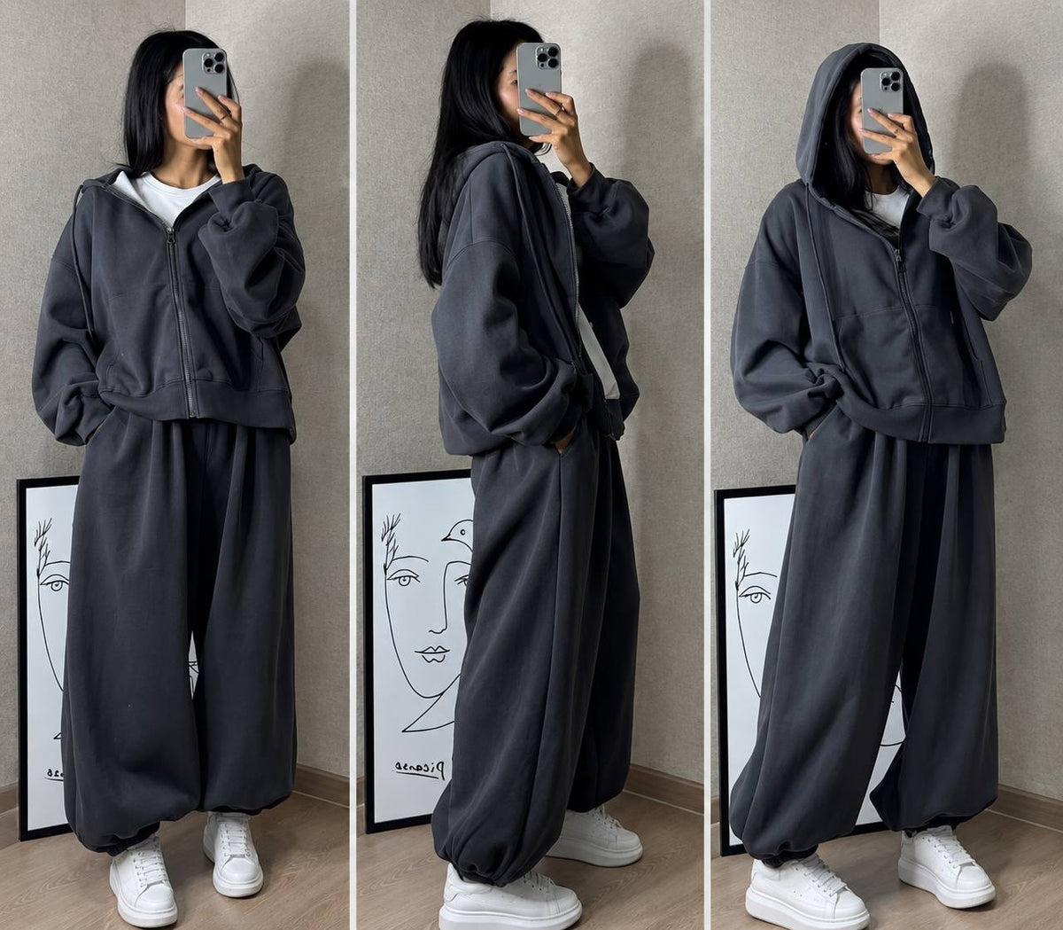 Oversized Zip-Up Hoodie And Balloon Pants Two-Piece Set – Charcoal