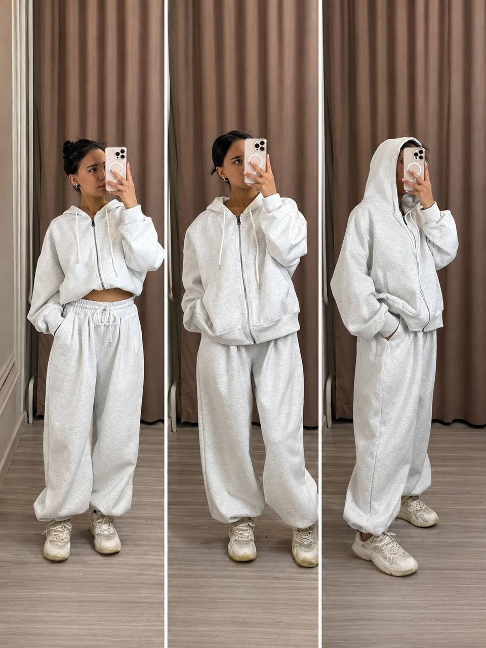 Oversized Zip-Up Hoodie And Balloon Pants Two-Piece Set – White