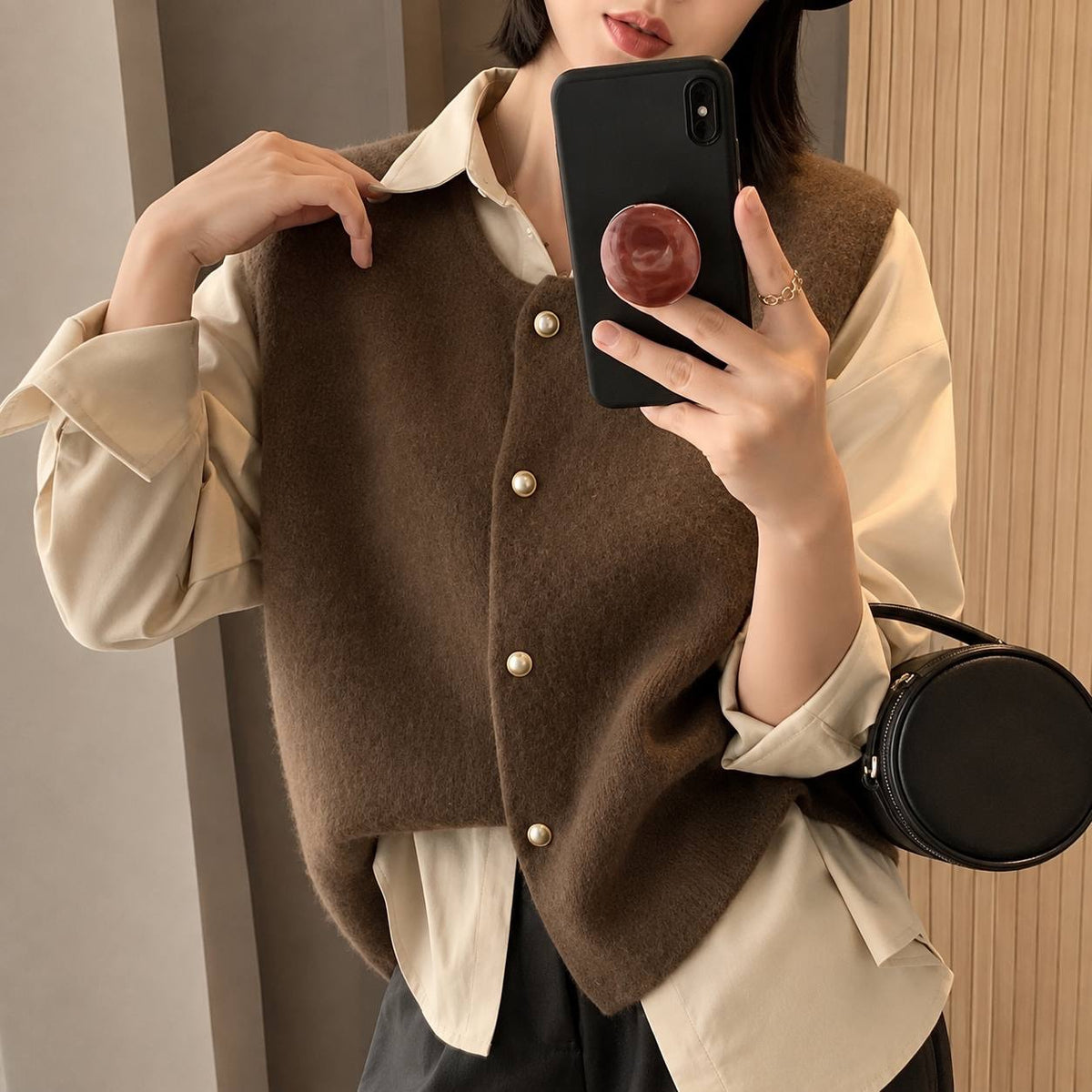 Relaxed Round Neck Button-Front Sleeveless Cardigan – Brown