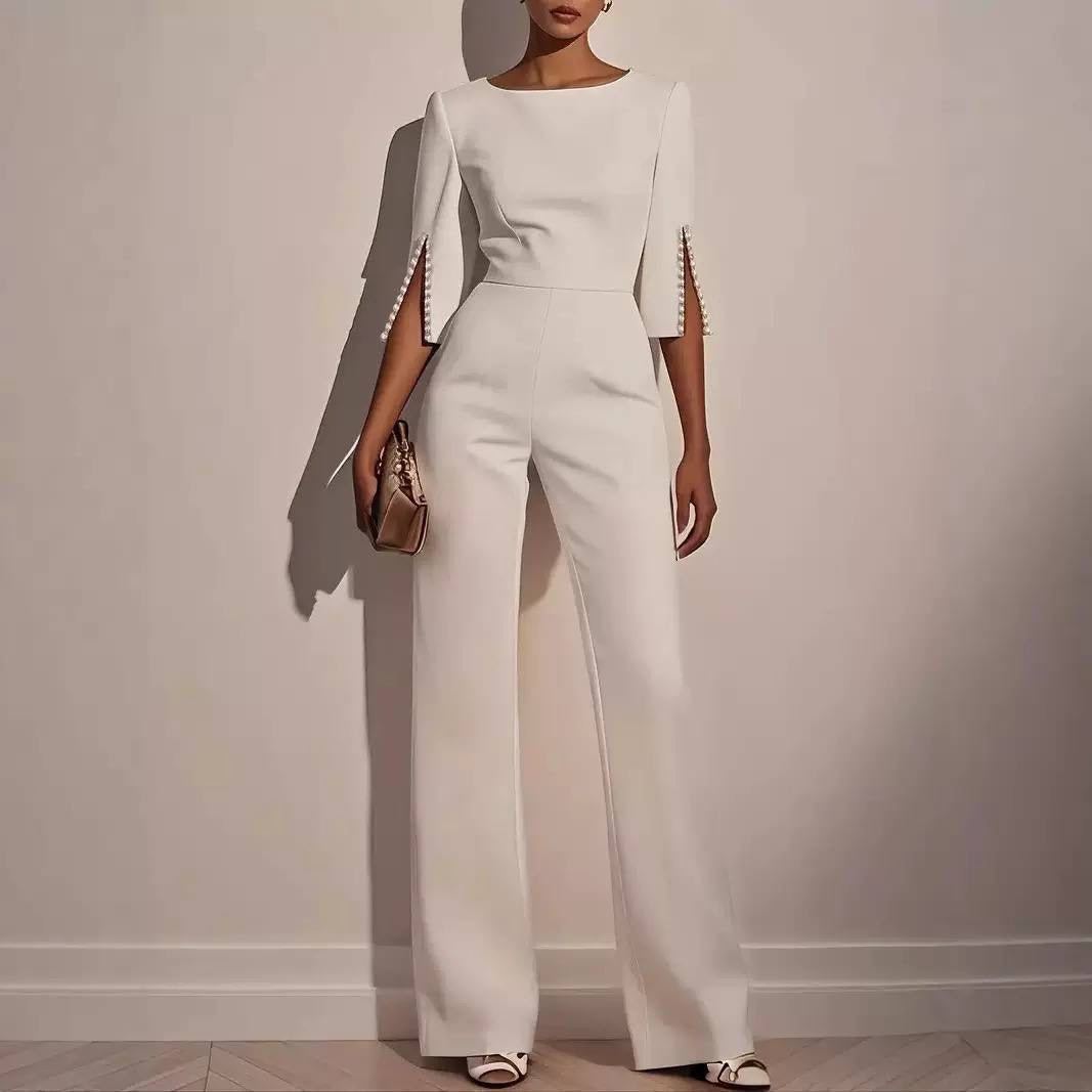 Embellished Split Sleeve Jumpsuit With Wide Legs – White