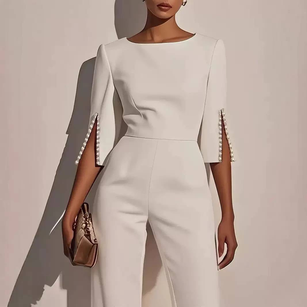 Embellished Split Sleeve Jumpsuit With Wide Legs – White