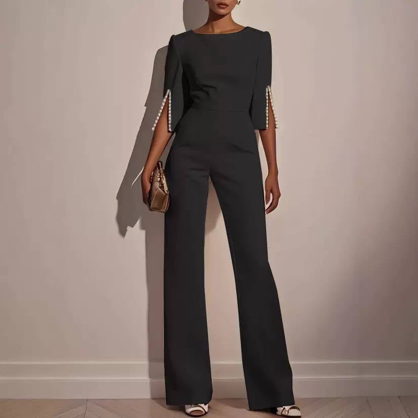 Embellished Split Sleeve Jumpsuit With Wide Legs – Black