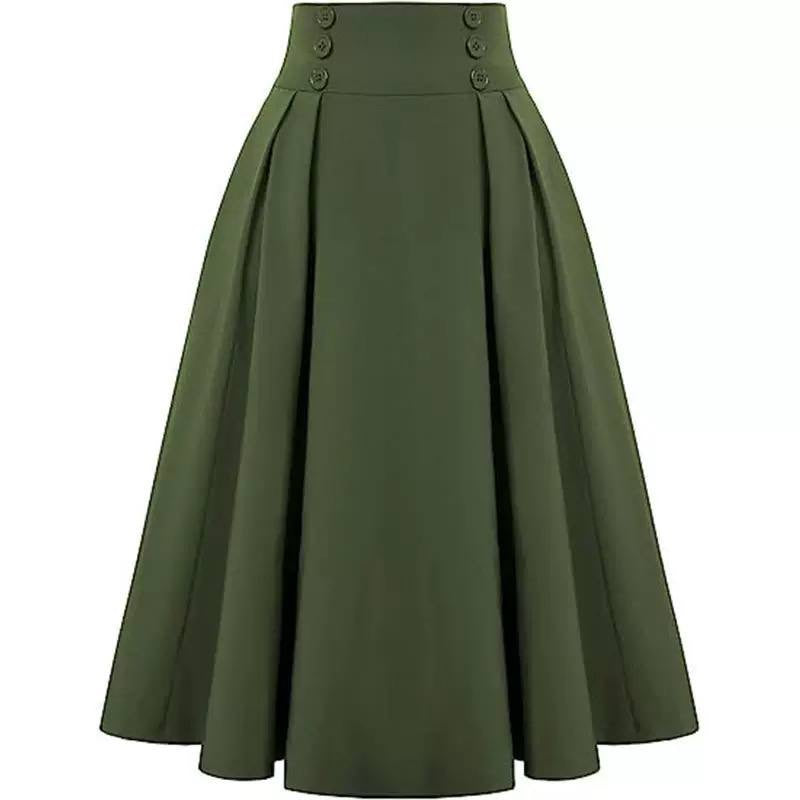 High-Waisted Pleated A-Line Skirt With Button Detailing – Olive Green