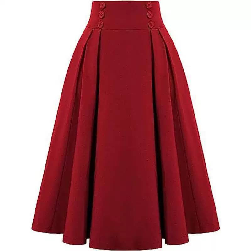 High-Waisted Pleated A-Line Skirt With Button Detailing – Red