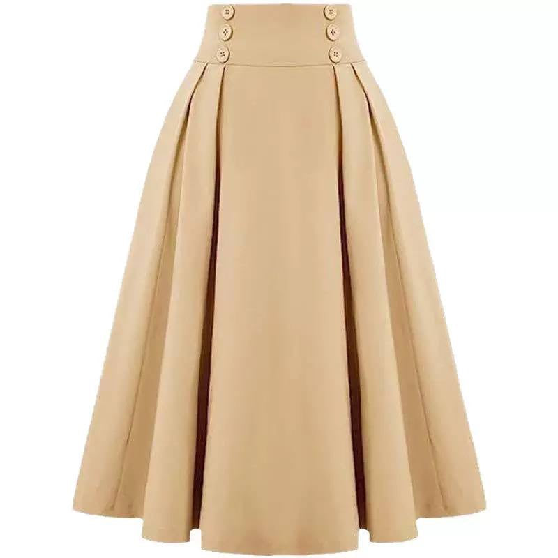 High-Waisted Pleated A-Line Skirt With Button Detailing – Beige