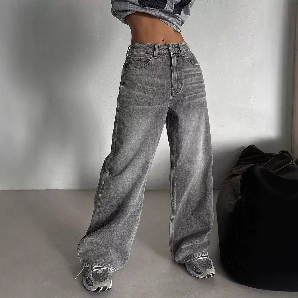 Relaxed Wide-Leg Jeans With Faded Detailing and Pockets – Grey