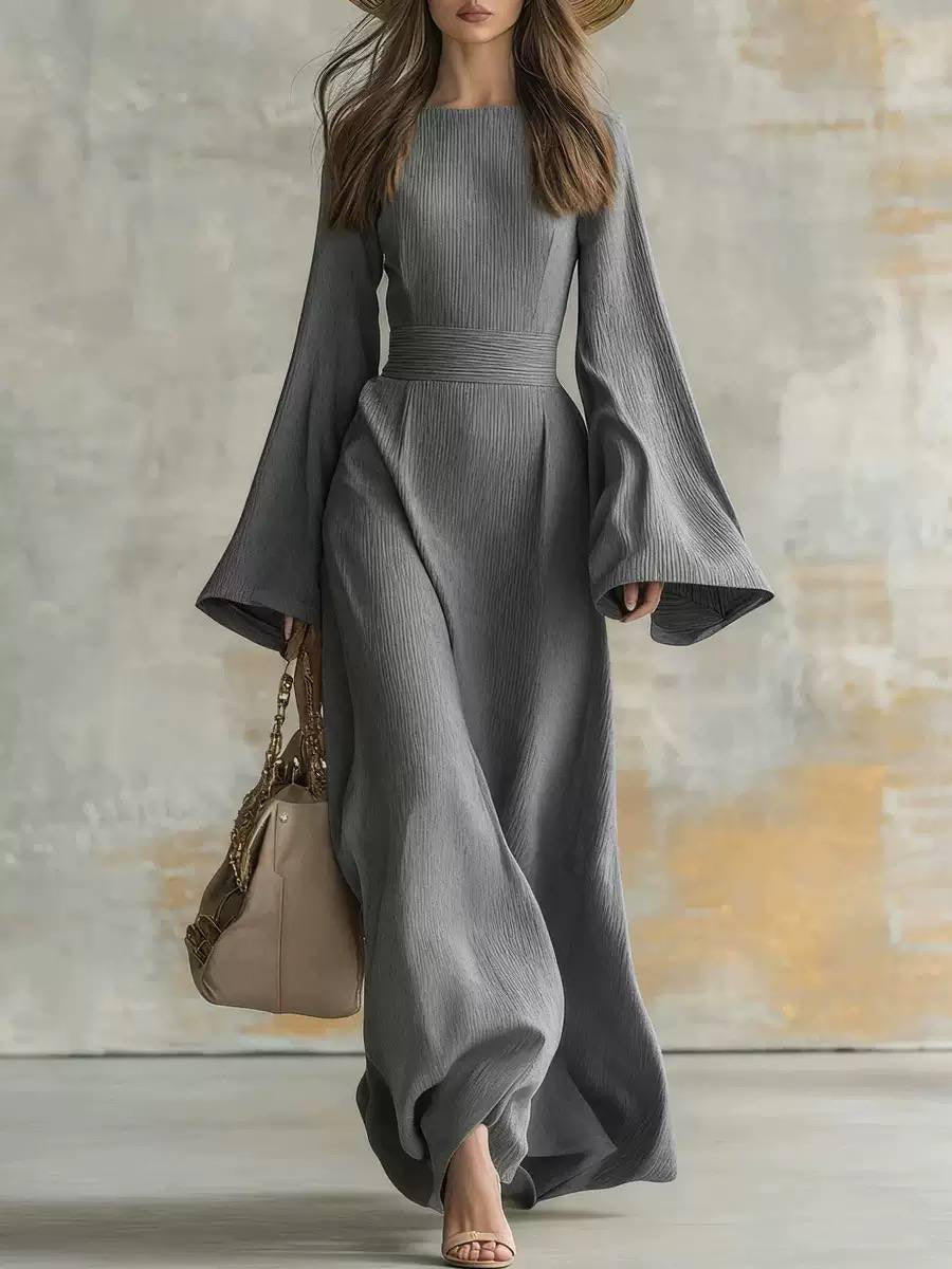 Textured Bell Sleeve Maxi Dress With Defined Waist – Grey