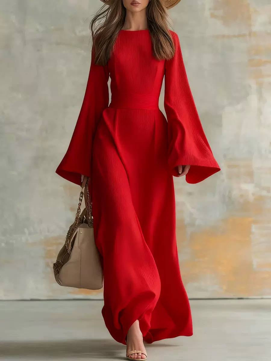 Textured Bell Sleeve Maxi Dress With Defined Waist – Red