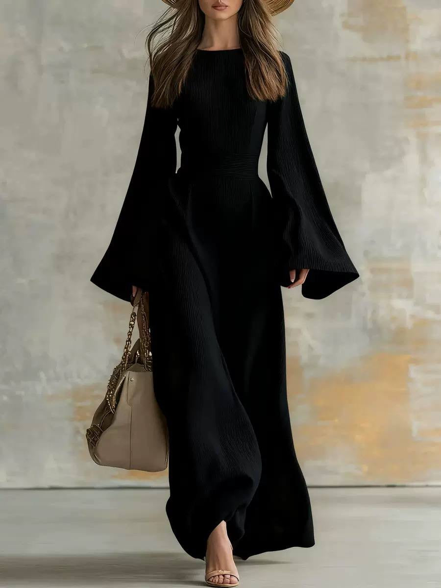 Textured Bell Sleeve Maxi Dress With Defined Waist – Black