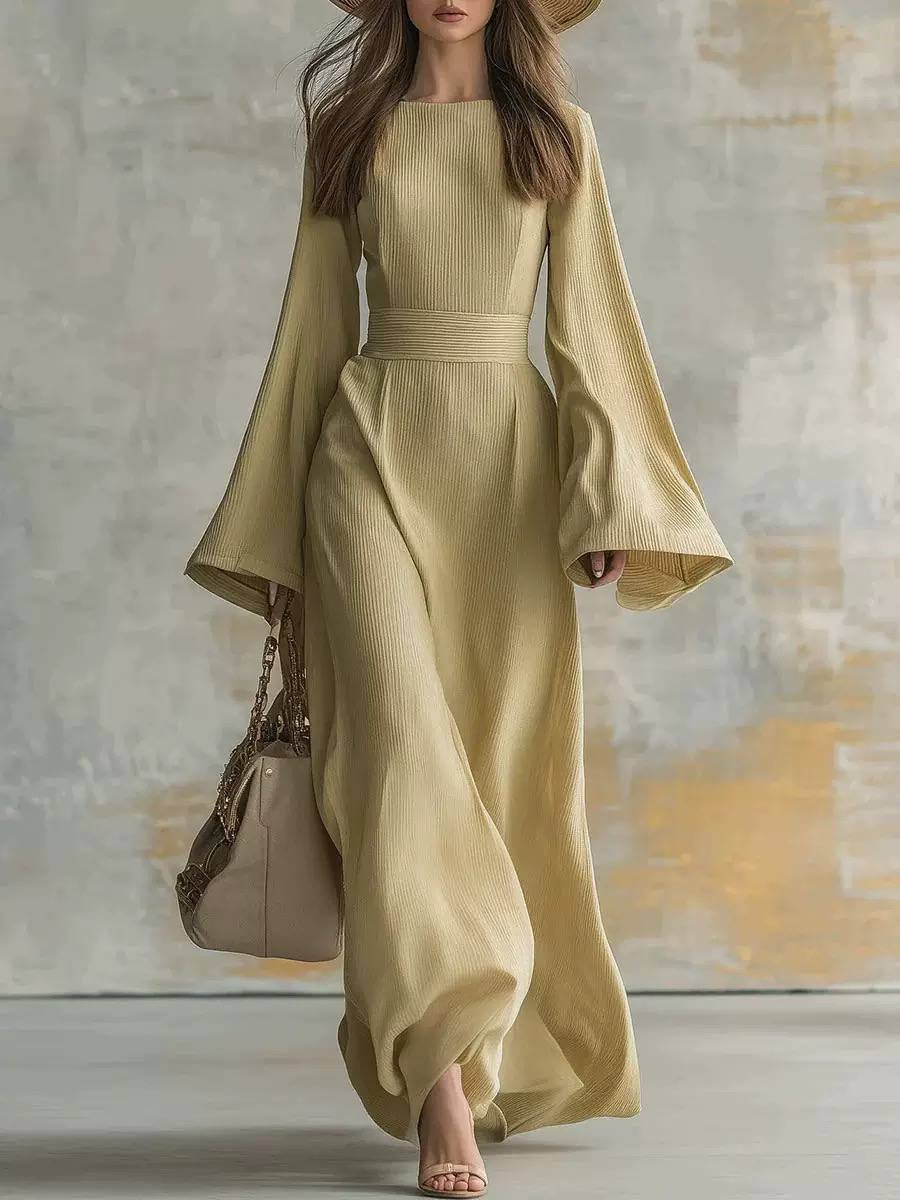 Textured Bell Sleeve Maxi Dress With Defined Waist – Light Yellow