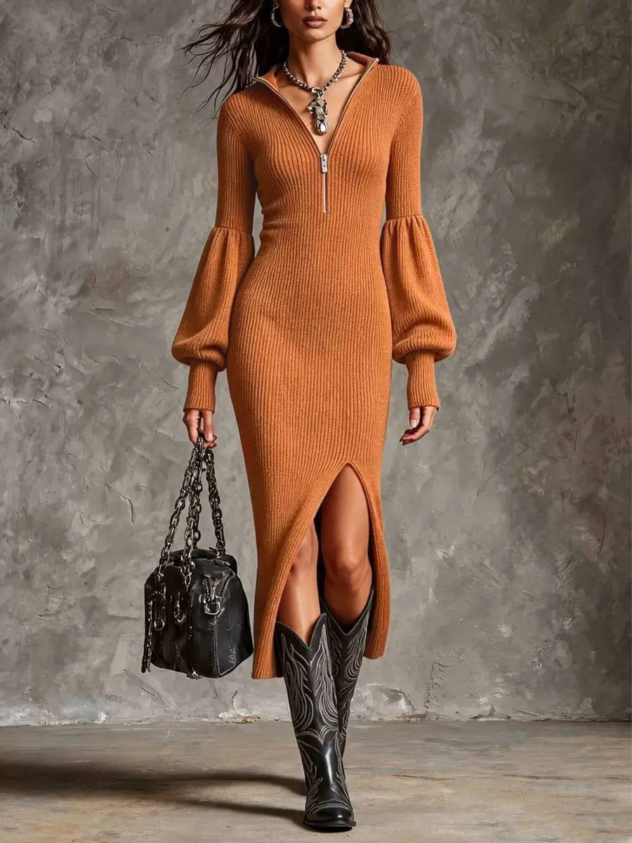 Ribbed Half-Zip Midi Dress With Balloon Sleeves – Orange