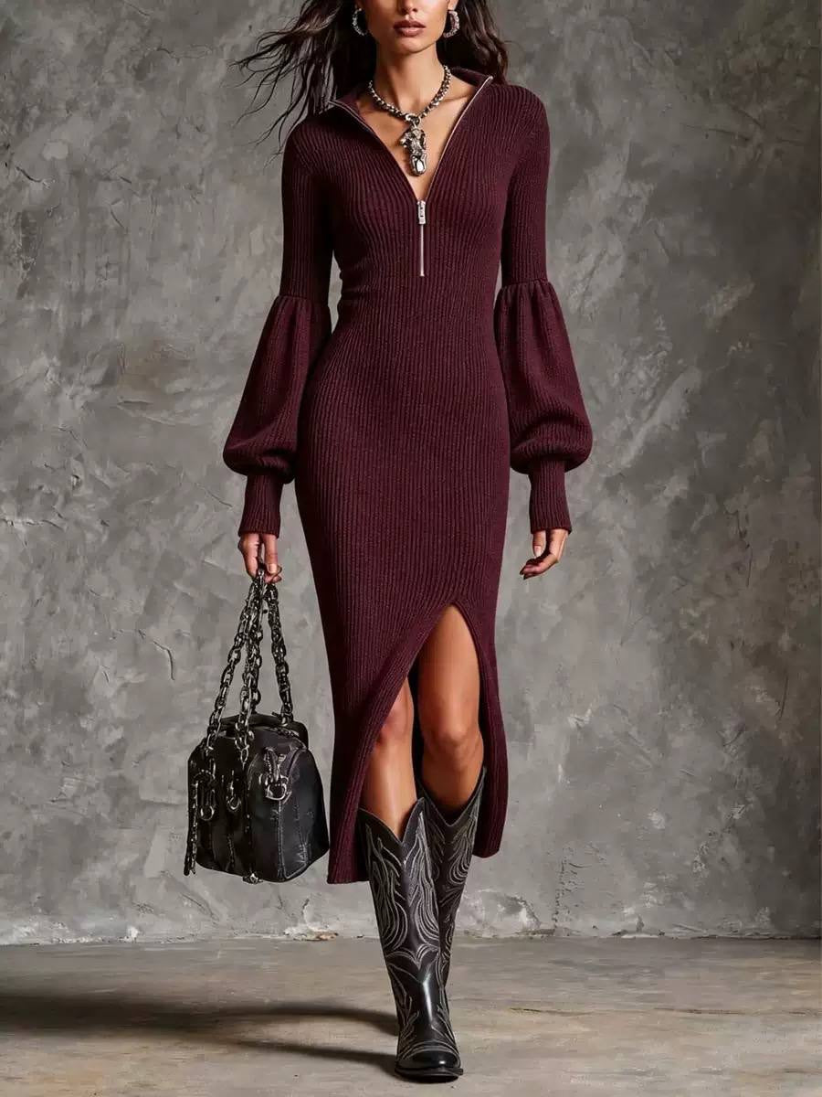 Ribbed Half-Zip Midi Dress With Balloon Sleeves – Burgundy
