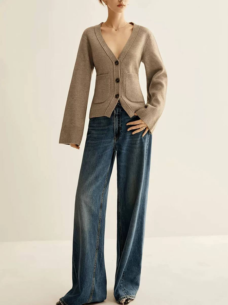 V-Neck Button-Front Cardigan With Wide Sleeves and Pockets – Taupe