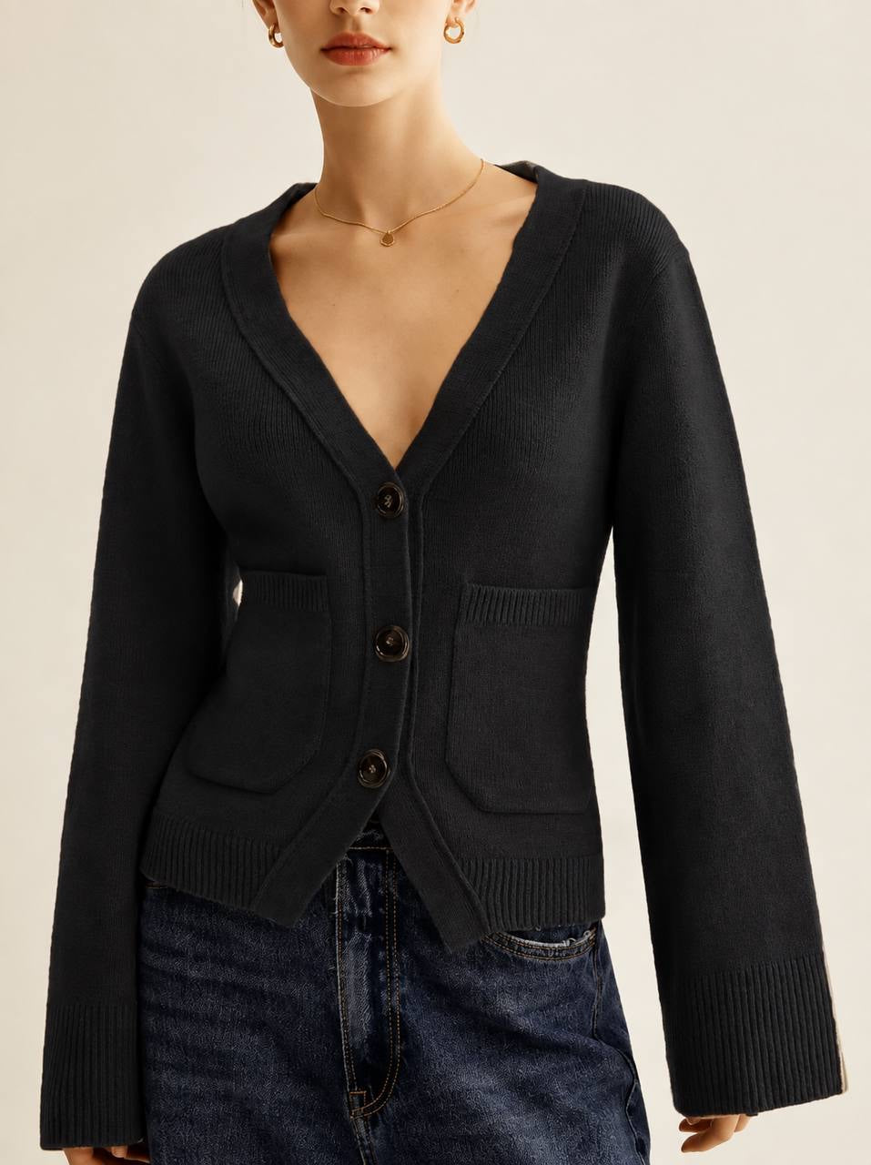 V-Neck Button-Front Cardigan With Wide Sleeves and Pockets – Black