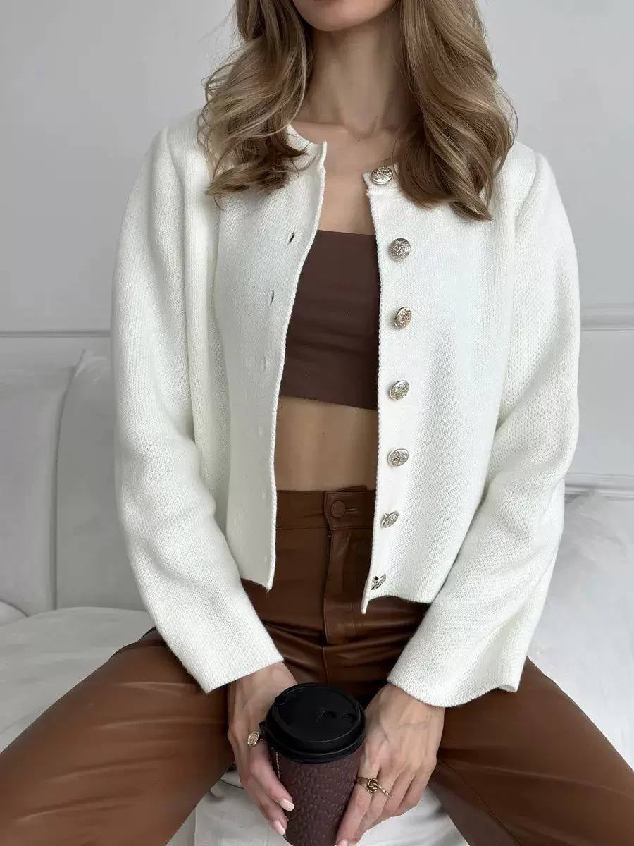 Round Neck Button Front Cardigan With Long Sleeves – White