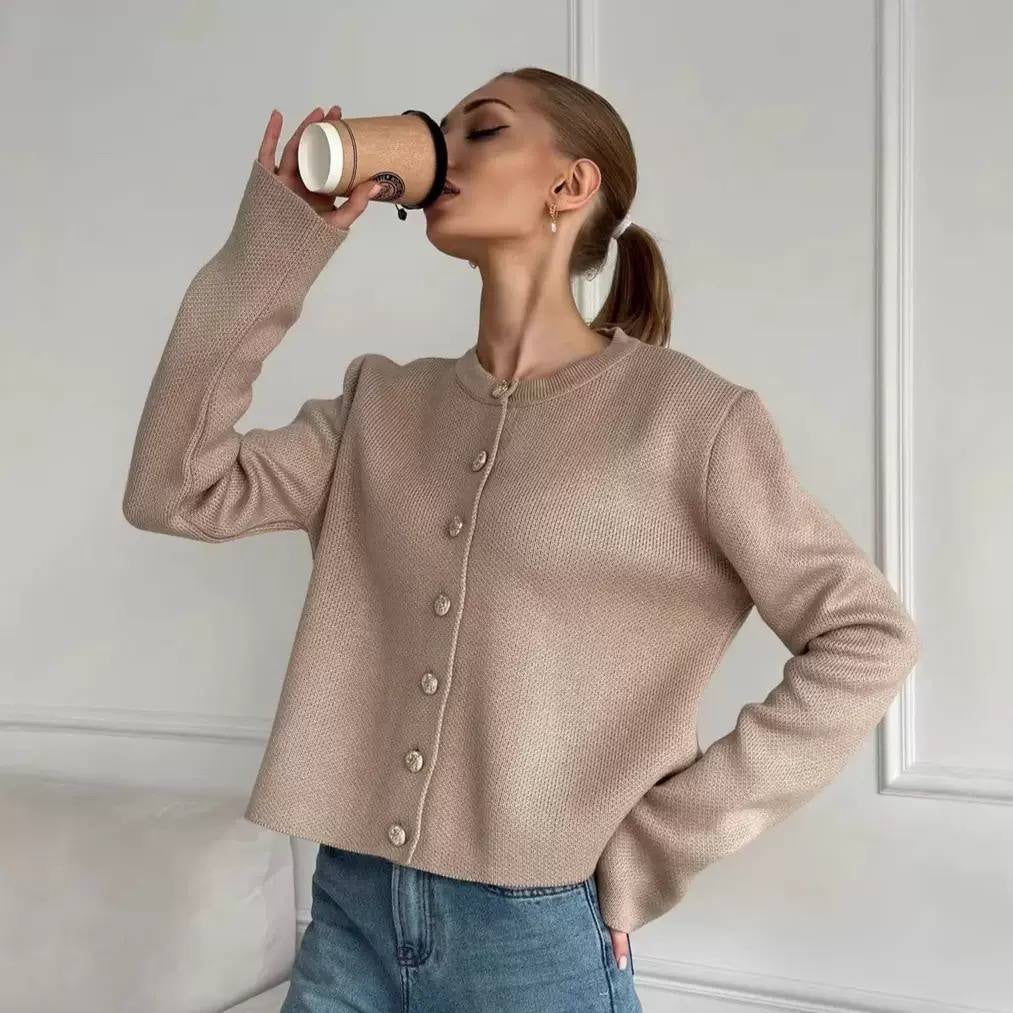 Round Neck Button Front Cardigan With Long Sleeves – Beige