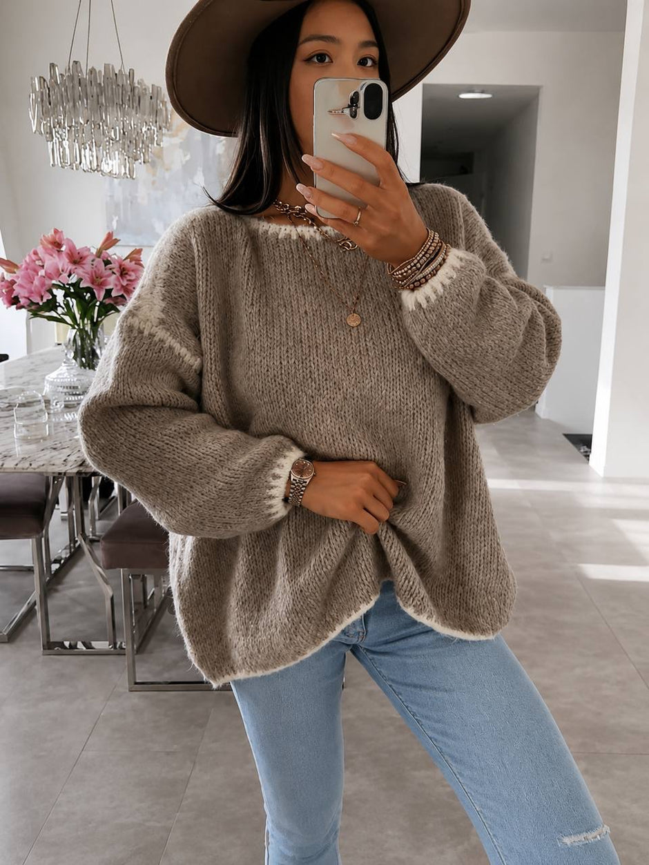 Oversized Contrast Trim Sweater With Long Balloon Sleeves – Taupe