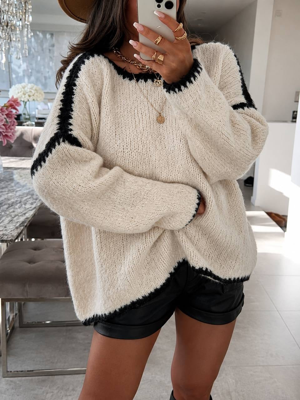 Oversized Contrast Trim Sweater With Long Balloon Sleeves – Cream