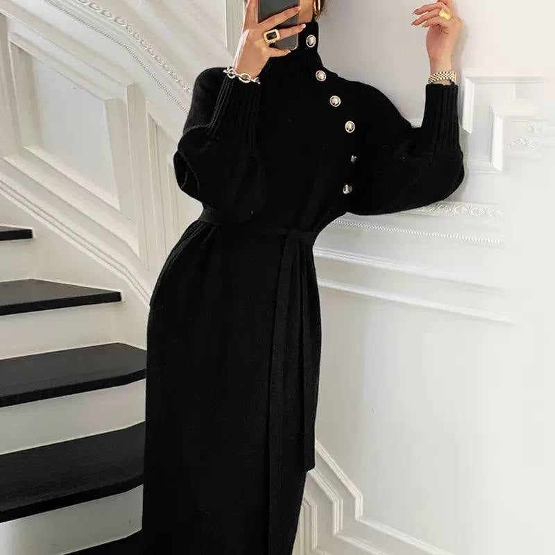 Belted Sweater Dress With Asymmetric Button Neckline – Black