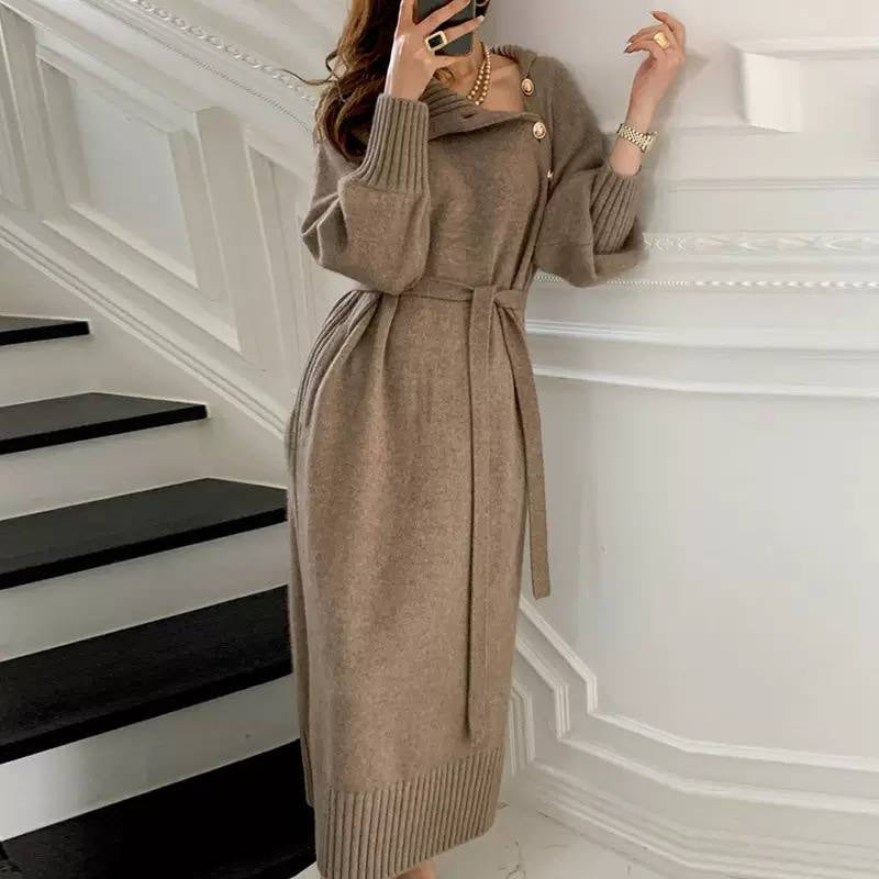 Belted Sweater Dress With Asymmetric Button Neckline – Taupe