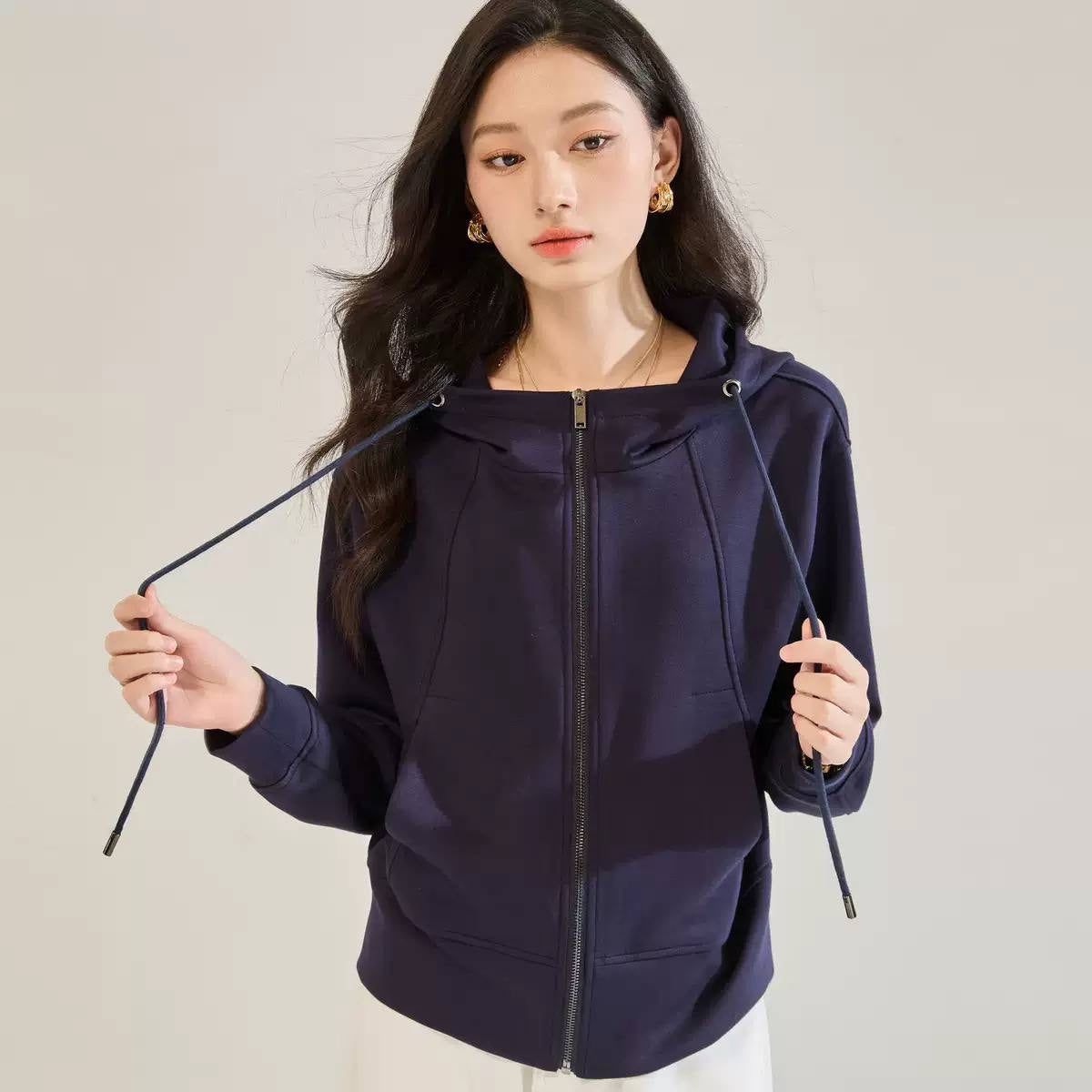Relaxed Zip-Up Hooded Jacket With Front Pockets – Navy