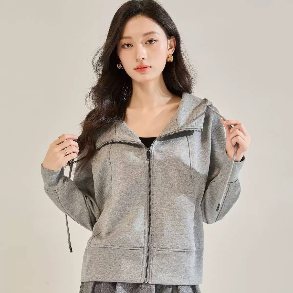 Relaxed Zip-Up Hooded Jacket With Front Pockets – Grey