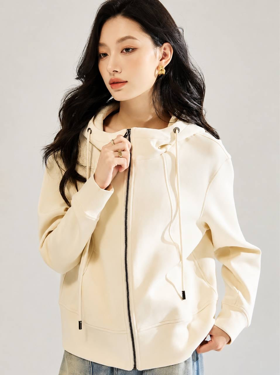 Relaxed Zip-Up Hooded Jacket With Front Pockets – Cream