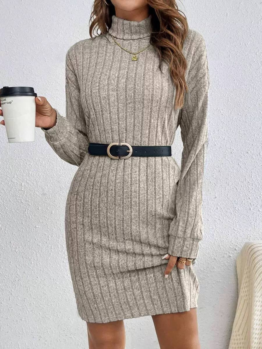Ribbed Turtleneck Sweater Dress With Long Sleeves – Taupe