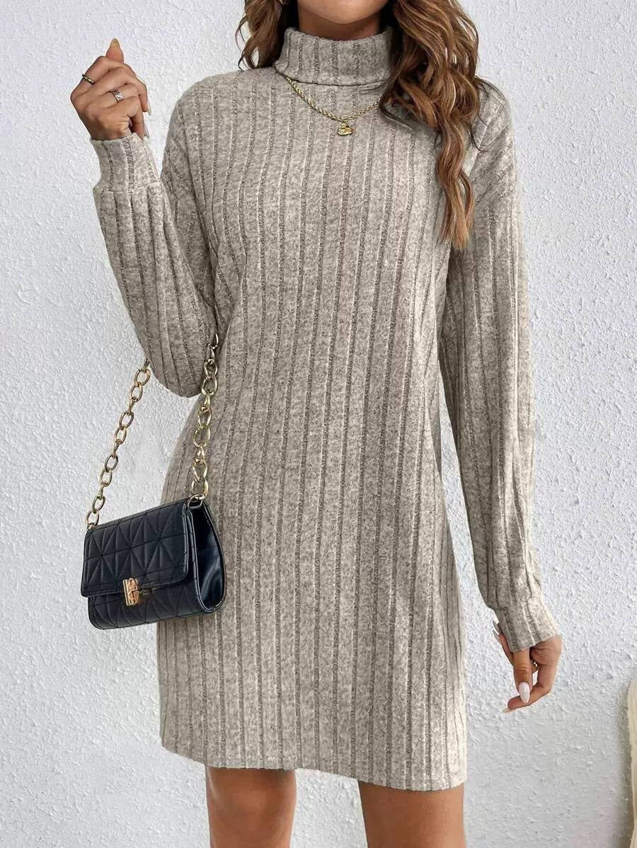 Ribbed Turtleneck Sweater Dress With Long Sleeves – Taupe
