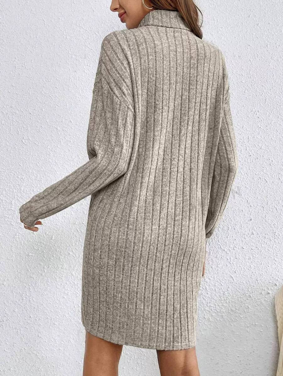 Ribbed Turtleneck Sweater Dress With Long Sleeves – Taupe