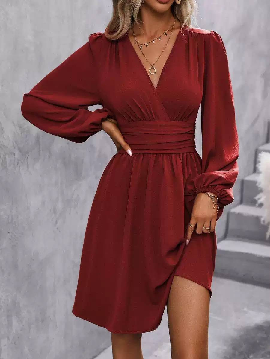 V-Neck Long Sleeve Dress With a Ruched Waist – Red