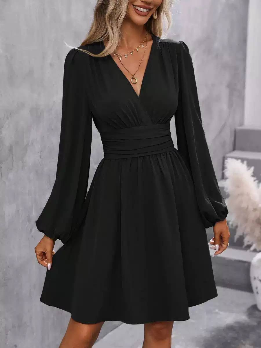 V-Neck Long Sleeve Dress With a Ruched Waist – Black