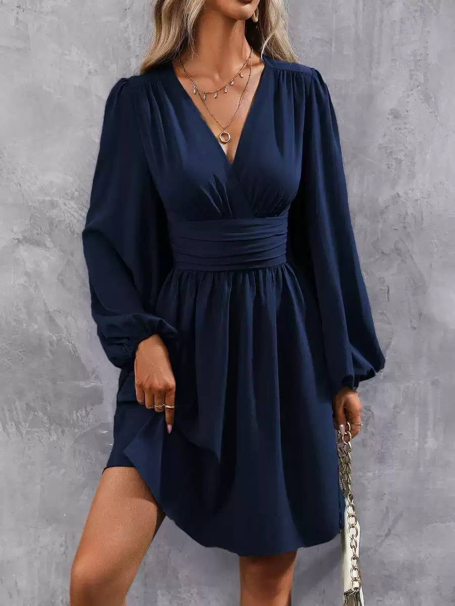 V-Neck Long Sleeve Dress With a Ruched Waist – Navy
