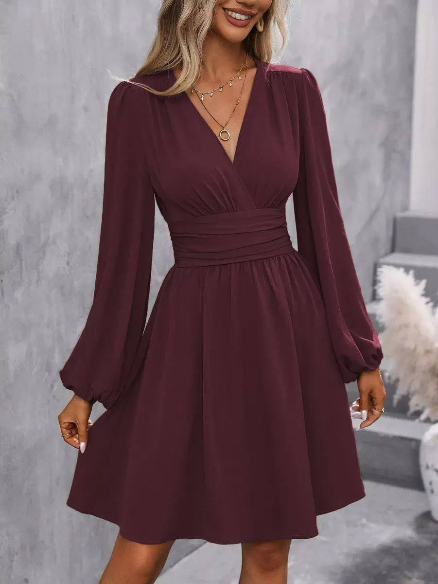 V-Neck Long Sleeve Dress With a Ruched Waist – Burgundy