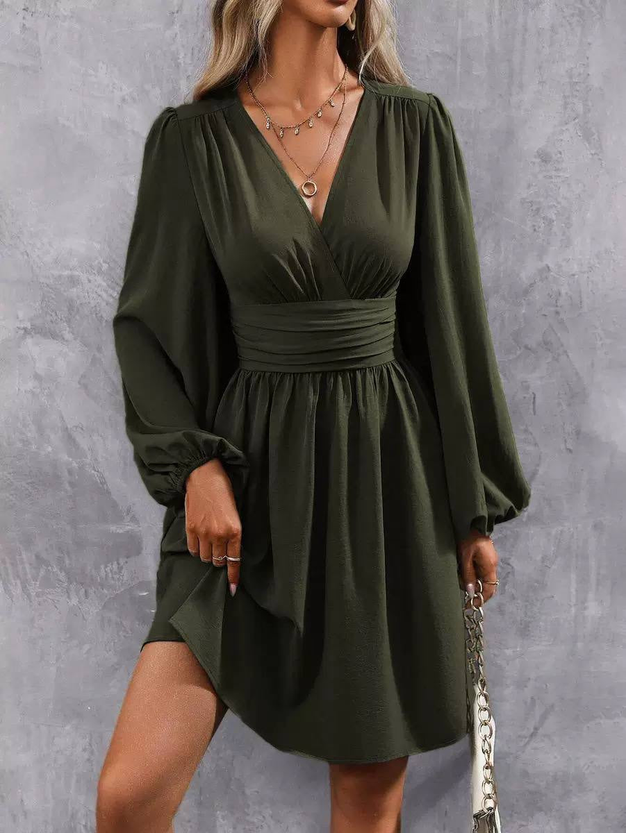 V-Neck Long Sleeve Dress With a Ruched Waist – Olive